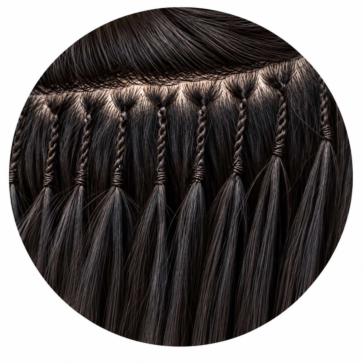 Korean Braid Hair Extensions technique with individually braided sections secured by knots